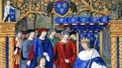 Francesco Petrarca or Petrarch presenting his book to King Louis XII of France. Miniature from Remedies for fortune fair and foul (De Remediis utriusque fortunae) written by Petrarch (1304-1374) and illuminated by Jean Pichore circa 1503. Bibliotheque Nationale, Paris, France Leemage / Corbis via Getty Images