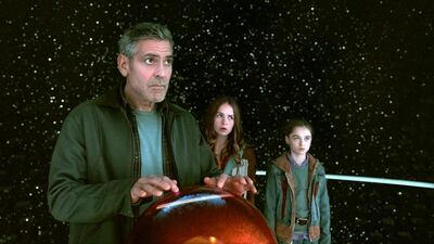 From left, George Clooney, as Frank Walker, Britt Robertson as Casey and Raffey Cassidy as Athena, in Tomorrowland. Film Frame / Disney