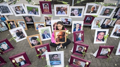 Wafa Mustafa during a protest outside the trial against two Syrian alleged former intelligence officers accused for crimes against humanity. AFP