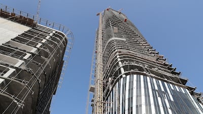 A look up at Wasl Tower, which is under construction just off the Sheikh Zayed Road in Dubai. Pawan Singh / The National