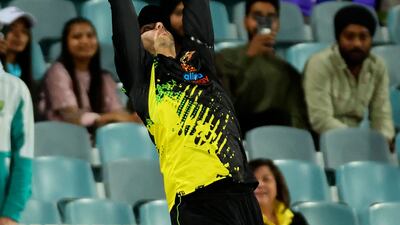 Australia's Tim David drops a catch off England's Dawid Malan over the boundary for six. AFP