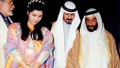 Reem Tariq el Mutwalli with Sheikh Zayed, from her book Sultani: Traditions Renewed, which examines Emirati women's dress between 1966 and 2004.