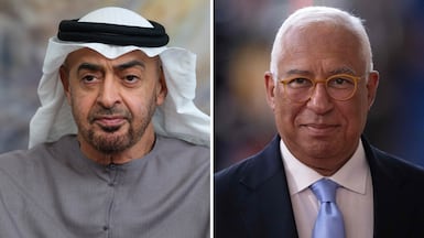 President Sheikh Mohamed and European Council President Antonio Costa. Ministry of Presidential Affairs / AFP