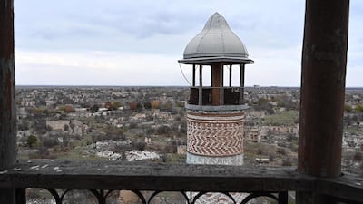 A minaret of the mosque in Agdam. Azerbaijan reclaimed the town from ethnic Armenians after almost 30 years during fighting over Nagorno-Karabakh conflict last year, but it had been destroyed. Finbar Anderson / The National