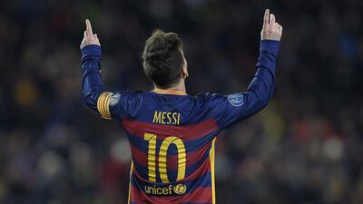 Barcelona’s Lionel Messi celebrates during the team’s 6-1 Champions League triumph on Tuesday at the Camp Nou. Lluis Gene / AFP
