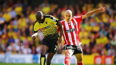 Oriol Romeu of Southampton challenges Allan-Romeo Nyom of Watford during their goalless draw on Sunday at Vicarage Road. Richard Heathcote / Getty Images