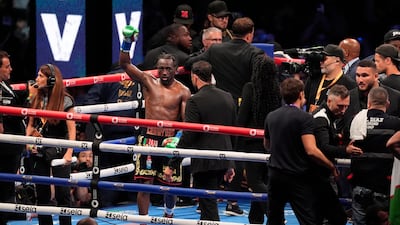 Terence Crawford celebrates after the fight. The American took the bout 116-112, 115-113, 115-113 on the judges' scorecards. AP