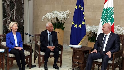 From left, European Commission President Ursula von der Leyen and European Council President Antonio Costa and Lebanon's President Joseph Aoun discuss Hezbollah disarmament in January. AFP