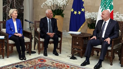 From left, European Commission President Ursula von der Leyen and European Council President Antonio Costa and Lebanon's President Joseph Aoun discuss Hezbollah disarmament in January. AFP