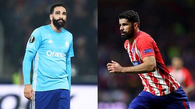Adil Rami of Marseille, left, will have to contain the rampaging Diego Costa of Atletico Madrid. Getty Images