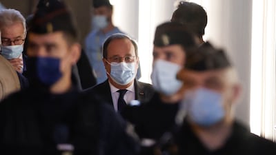 Former French president Francois Hollande arrives at the courthouse in Paris on Wednesday. EPA