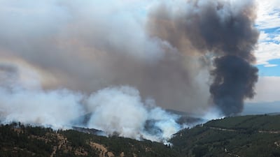 The sky above Pampilhosa da Serra, Portugal, is thick with acrid smoke as fire rampages through the forests below. EPA