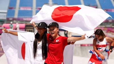 Sakura Yosozumi of Team Japan and Kokona Hiraki of Team Japan celebrate after winning the gold and silver medals respectively during the Women's Skateboarding Park Finals.