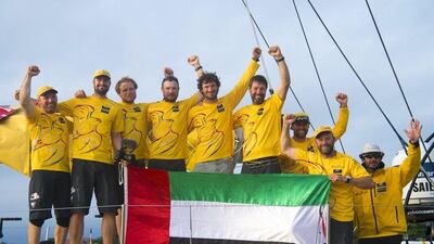 The Abu Dhabi Ocean Racing team, with skipper Ian Walker, second right, after their win in the Volvo Ocean Race’s fifth leg on Sunday in Itajai, Brazil. Buda Mendes / Getty Images / Volvo Ocean Race / April 5, 2015