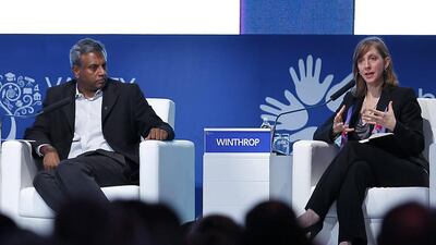 Salil Shetty, secretary general of Amnesty International, left, listens to Rebecca Winthrop, director of the Brookings Institution, during a panel discussion at the Global Education and Skills Forum. Jeffrey E Biteng / The National