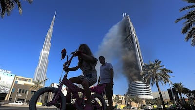 The Address Downtown Hotel Dubai after the fire on New Year’s Eve. Satish Kumar / The National