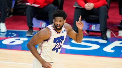 Philadelphia 76ers' Joel Embiid reacts after a basket against the Los Angeles Clippers. AP