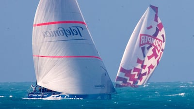 Team Telefonica (left) and Team Camper (right) arrive after completing the second leg of the Volvo Ocean Race in Abu Dhabi on January 4, 2012. Christopher Pike / The National For story by: 43314 Job ID: To Be Determined