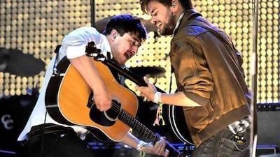 Marcus Mumford and Winston Marshall of Mumford and Sons perform at the recent Glastonbury music festival. Shirlaine Forrest / WireImage