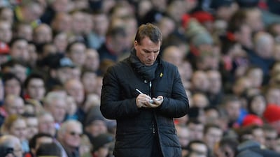 Liverpool manager Brendan Rodgers reacts during the English FA Cup quarter-final against Blackburn Rovers on Sunday. Peter Powell / EPA / March 8, 2015
