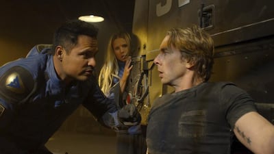 From left, Michael Peña, Kristen Bell and Dax Shepard in Chips. Warner Bros via AP Photo