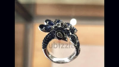 Sapphire diamond peacock ring on white gold. Description: "18k white gold 3.72 carats sapphire pear cut and octagon cut 0.5 carat diamond octagon cut". Verified by dubizzle? Yes. Courtesy Dubizzle