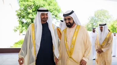 President Sheikh Mohamed and Sheikh Mohammed bin Rashid, Vice President and Ruler of Dubai during an Eid Al Adha reception at Mushrif Palace. Abdulla Al Neyadi / UAE Presidential Court