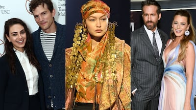 Among celebrities using their star power to raise funds for refugees from Ukraine are, from left, Mila Kunis and her husband, Ashton Kutcher; Gigi Hadid; and Ryan Reynolds and his wife, Blake Lively. AFP; AP