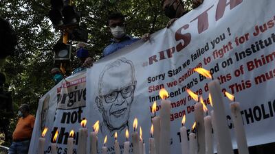 A prayer meeting for Father Stan Swamy outside a church in Mumbai in 2021. EPA