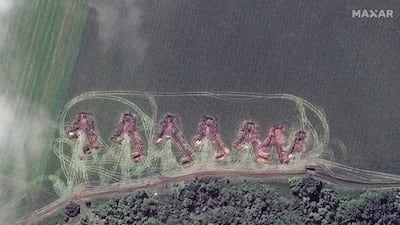 A satellite image shows towed artillery in firing positions, north of Lyman, Ukraine. Reuters.