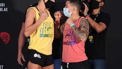 Katlyn Chookagian and Jessica Andrade during the UFC Fight Night weigh-in on October 16. Getty
