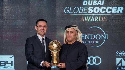 Barcelona president Josep Maria Bartomeu accepts the award for 'Best Club of the Year' awarded to FC Barcelona on Sunday at the Globe Soccer Awards in Dubai. Reuters