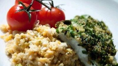 Herb-crusted fish with chickpea mash.