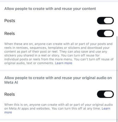 Users can toggle settings in Instagram to prevent others from using their content. Photo: Meta