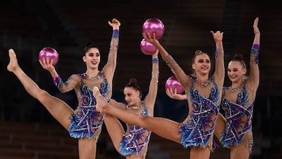 Team Israel competes in the group all-around final of the Rhythmic Gymnastics event during Tokyo 2020 Olympic Games at Ariake Gymnastics centre in Tokyo.