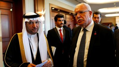 Organisation of Islamic Cooperation secretary general Dr Yousef Al Othaimeen (left) chats with Palestinian foreign minister Riyad Al Malki during an extraordinary meeting of the OIC's foreign ministers in Istanbul on August 1, 2017. Murad Sezer / Reuters