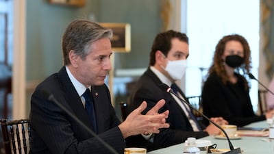 Secretary of State Antony Blinken speaks during a meeting with Yemeni Foreign Minister Ahmed Awad Bin Mubarak at the State Department. AP