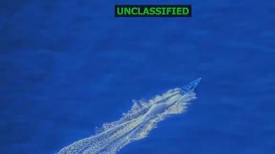 A screengrab taken from video shows a fast boat in the Caribbean before it is struck by US forces. Image: X / @SecWar
