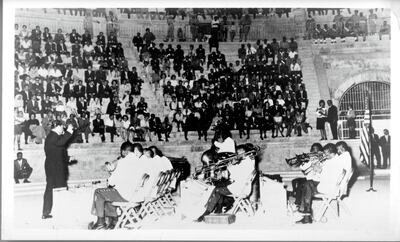 Duke Ellington performs with his orchestra in a 2,000-year-old Roman amphitheatre in Amman, Jordan, during his tour of the Middle East for the US State Department. Getty Images