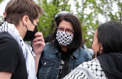 Palestinian-American congresswoman Rashida Tlaib attends a pro-Palestinian protest in Michigan on May 16. Reuters