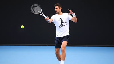 Novak Djokovic plays a forehand during a training session ahead of the 2023 Adelaide International. Getty