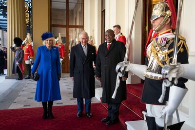 Cyril Ramaphosa, President of South Africa, is welcomed to London by King Charles and Queen Consort Camilla. AP