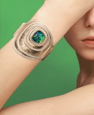 Drawing on Piaget’s heritage of sculptural gold cuffs and ornamental stone dials, the Sixtie revisits the glamour of the 1970s. Photo: Piaget