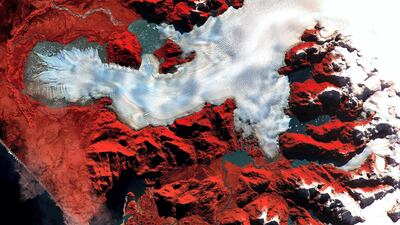 An image captured by Nasa's Terra satellite on May 2, 2000, shows the North Patagonia Ice Sheet in Chile. A single large glacier covered with crevasses is visible, while a semi-circular terminal moraine indicates that the glacier was once more extensive. Nasa