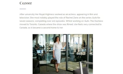 A screengrab from the Duchess of Sussex's biography page on Royal.uk