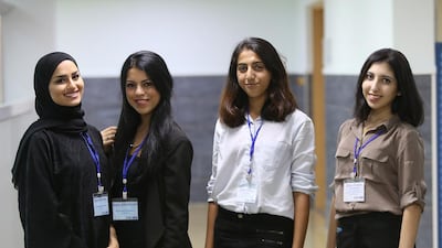 From left: Fatma Alawadhi, Katya Abdulkhasan, Zaina Awan and Miami Hussain at Model United Nations. Satish Kumar / The National