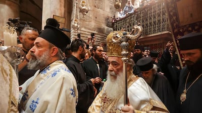 Greek Orthodox Patriarch of Jerusalem Theophilos III leads the procession as worshippers gather in the Church of the Holy Sepulchre in Jerusalem’s Old City for the Orthodox Easter ceremonies. AFP