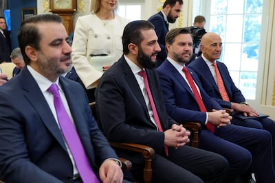 Syria's President Ahmed al-Sharaa (2nd L), Syria's Foreign Minister Asaad Al Shaibani (L), US Vice President JD Vance (2nd R) and US envoy for Syria Tom Barrack (R). Sana / AFP