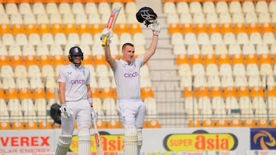 England batsman Harry Brook celebrates his triple century during the fourth day of the first Test against Pakistan in Multan on Thursday, October 10, 2024. EPA
