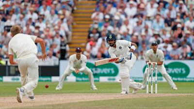 India's Virat Kohli plays a shot during the third day of the first Test against England. AFP